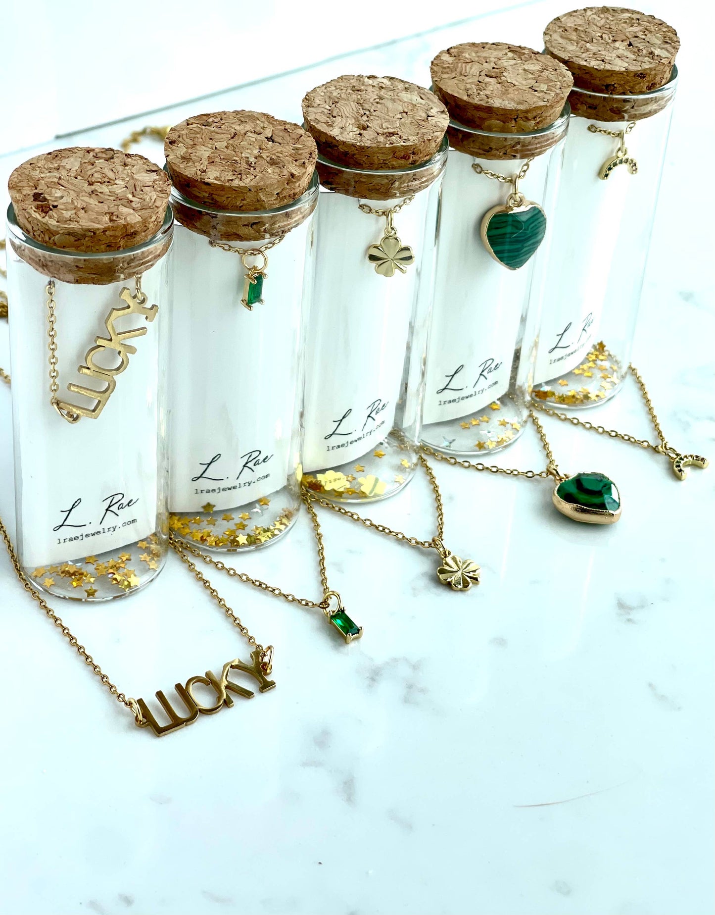 Lucky Clover Charm Necklace. Glass Vial Display St. Patrick