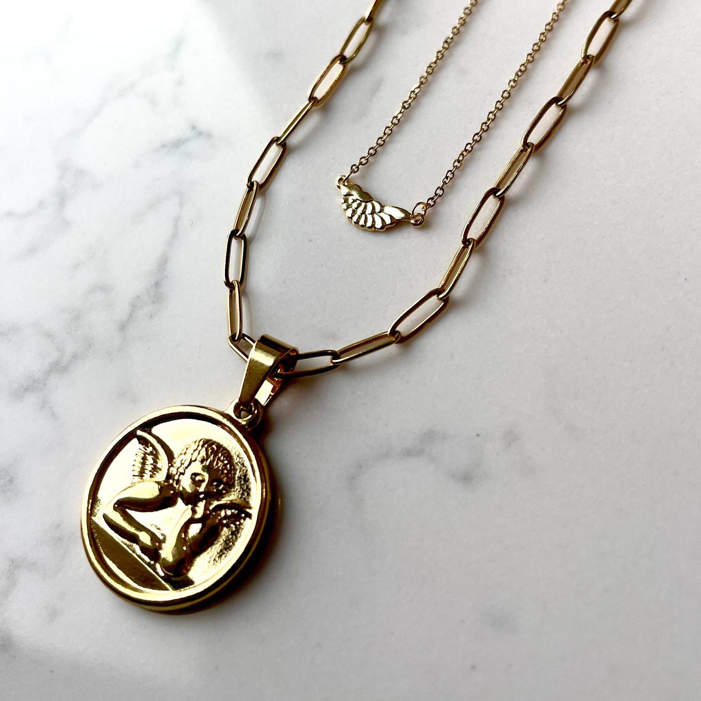 Cupid Cherub Angel Coin Paperclip Necklace. Valentine